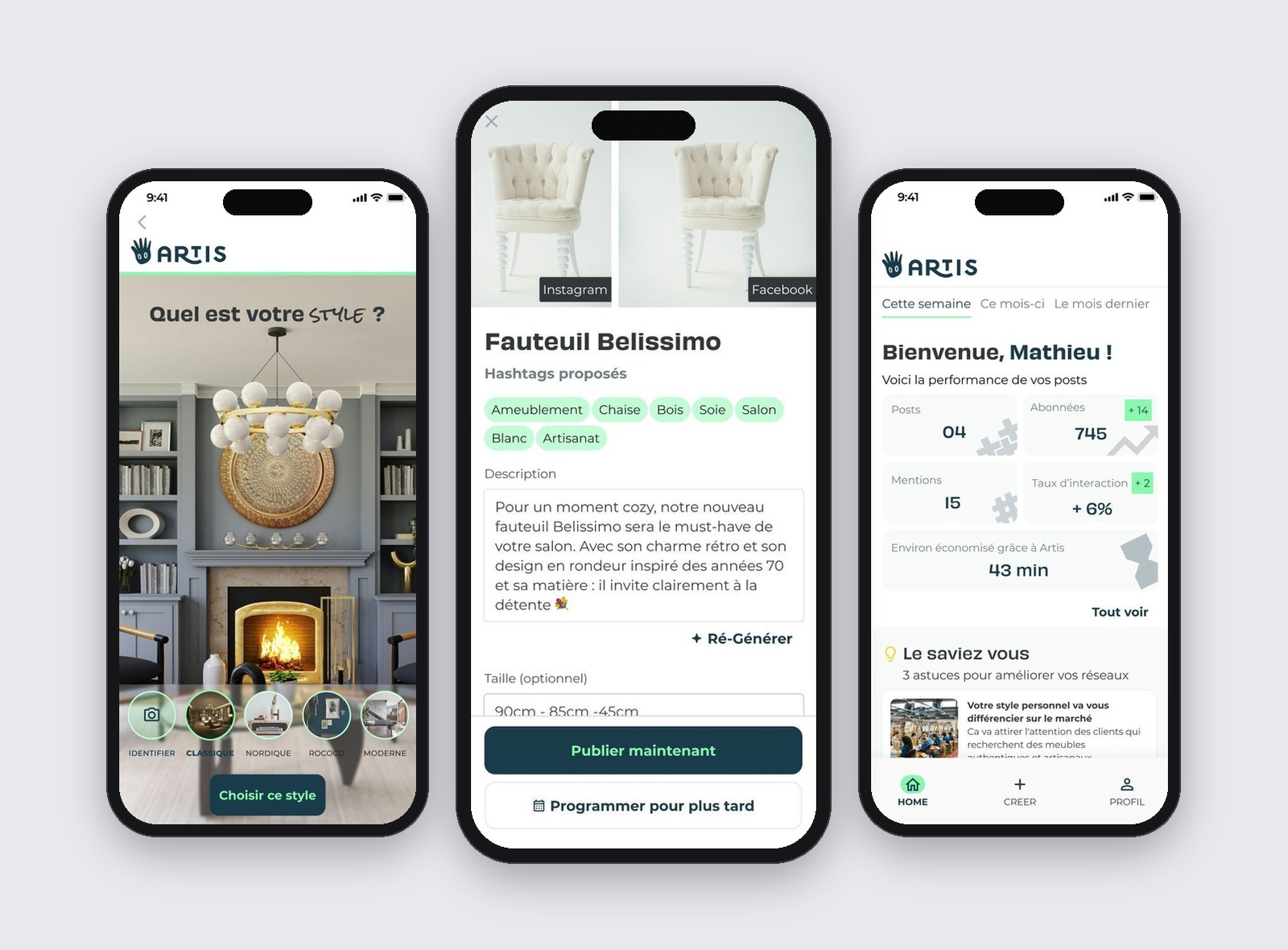 Le prototype : personnalisation du style, génération du texte et des hashtags, puis tableau de bord