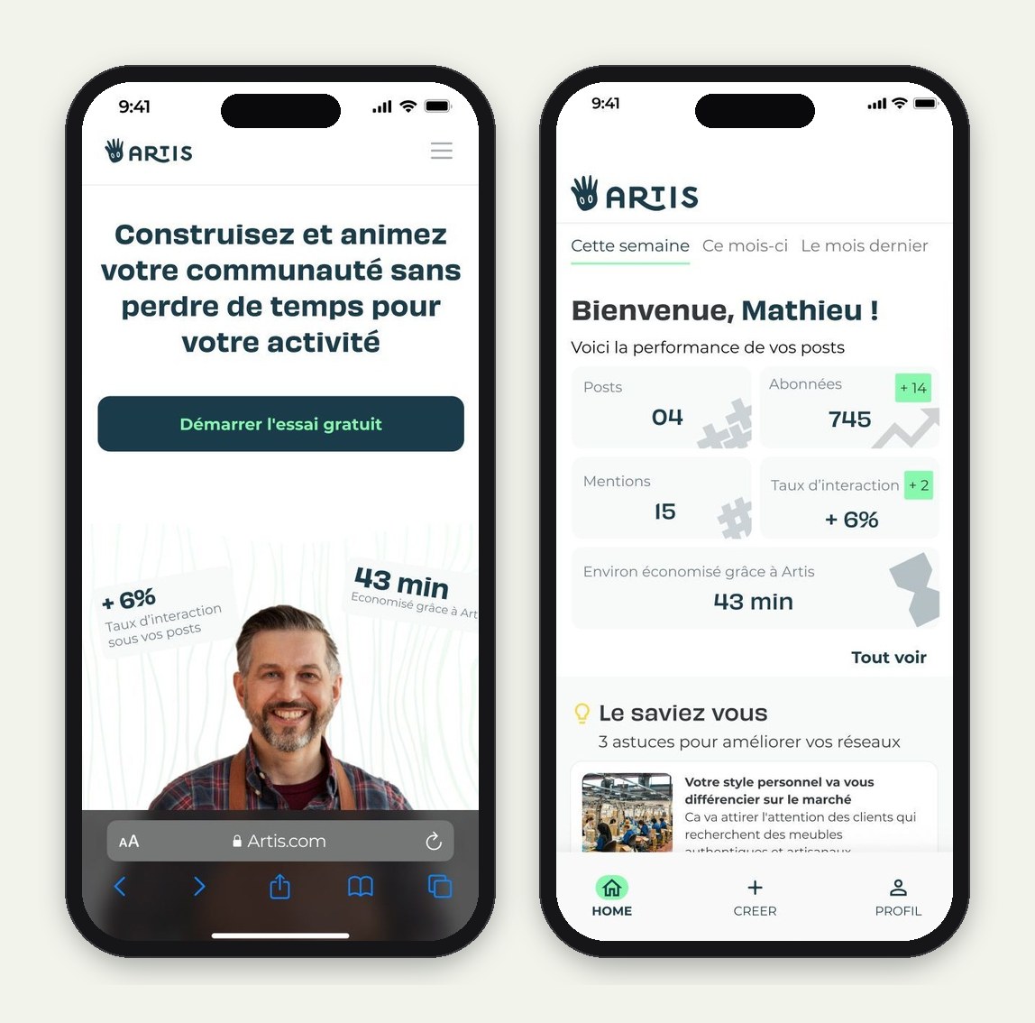 La landing page en version mobile, puis le tableau de bord : performances de la semaine, temps économisé et conseils personnalisés