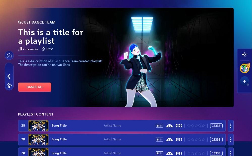 Le gabarit décliné pour les playlists de l'équipe Just Dance