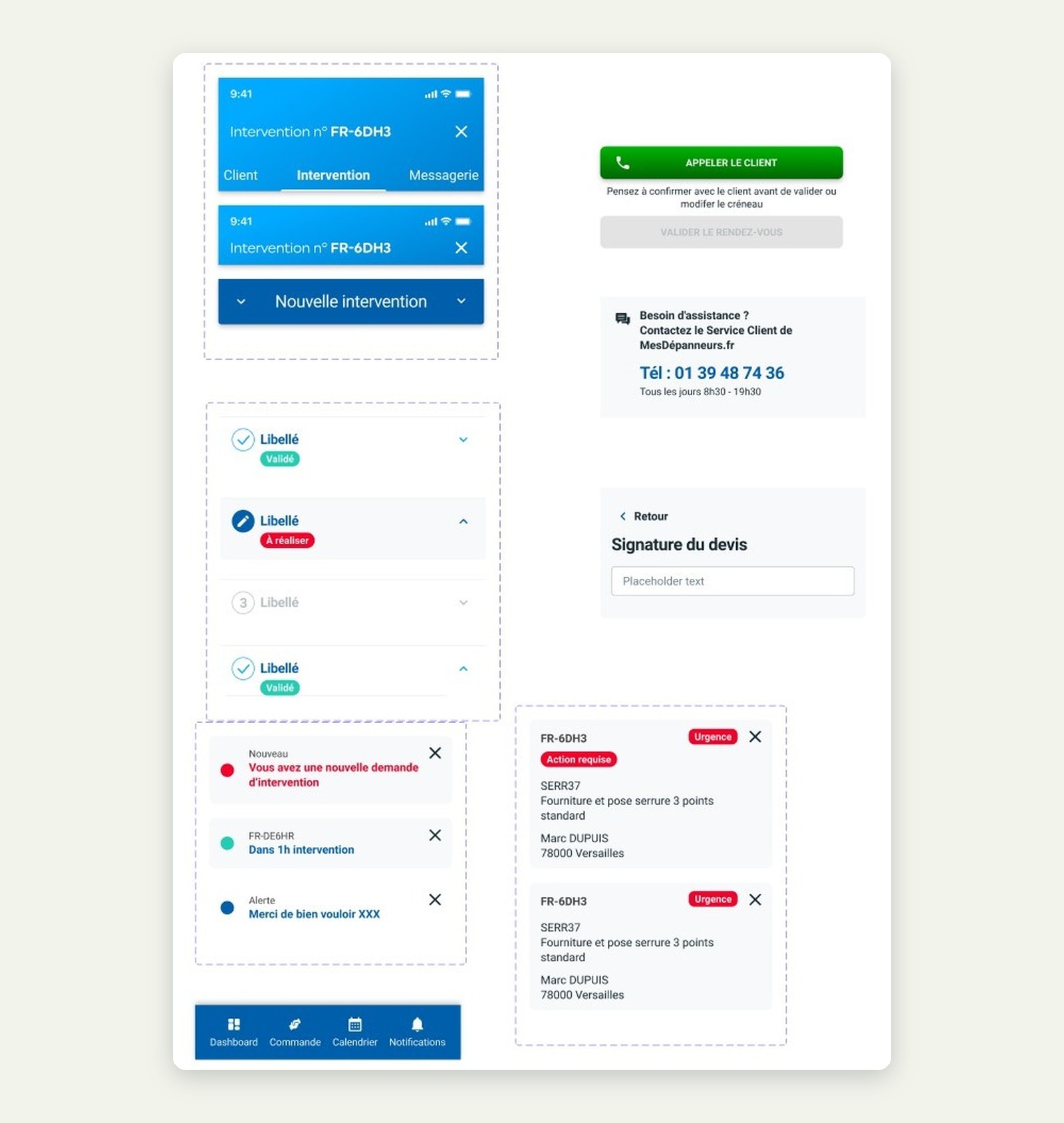 En-têtes, navigation, badges, notifications et boutons