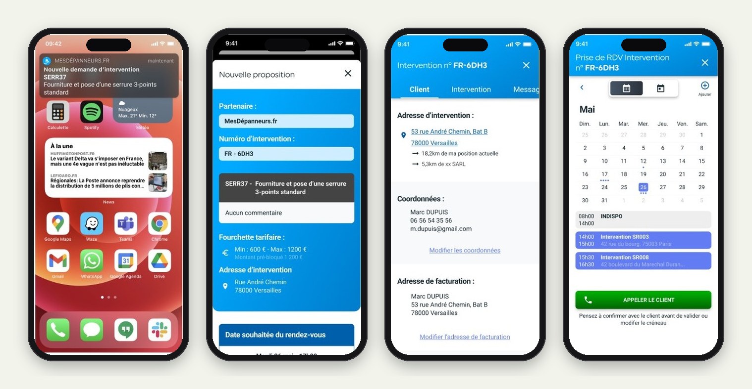 Notification, proposition d'intervention, détail de la commande et planification du rendez-vous