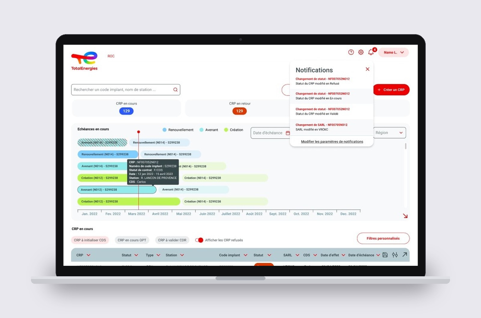 Le centre de notifications, ouvert depuis la page d'accueil : changements de statut et refus
