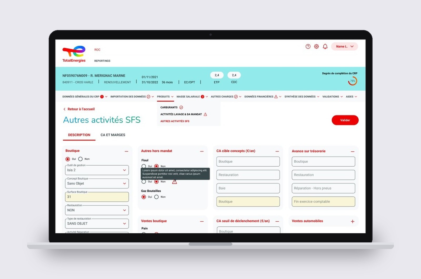 Le template d'édition de CRP : navigation par rubriques, taux de complétion, champs verrouillés et infobulles