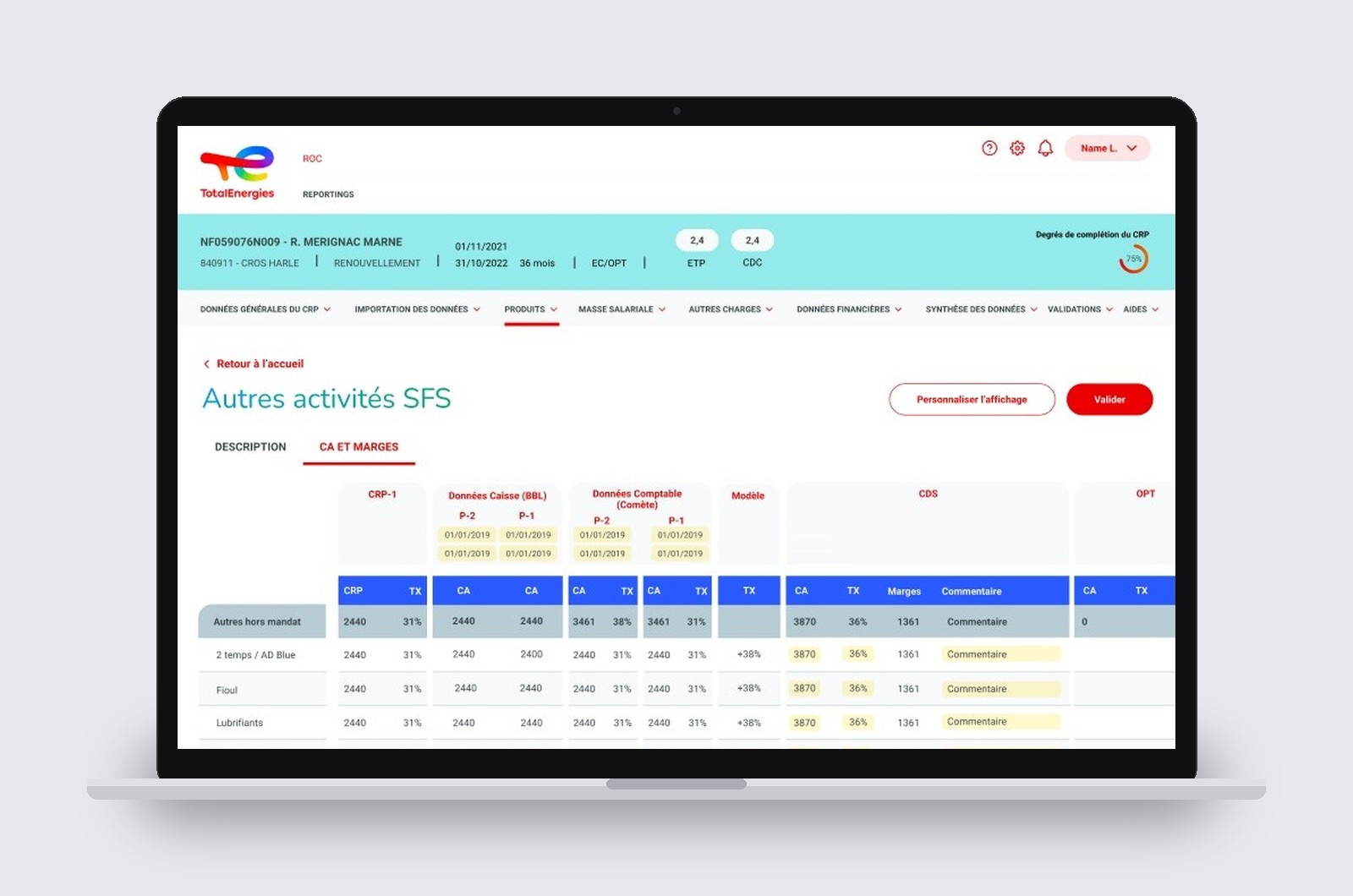 Le template de tableau : colonnes groupées par source de données, cellules modifiables mises en évidence