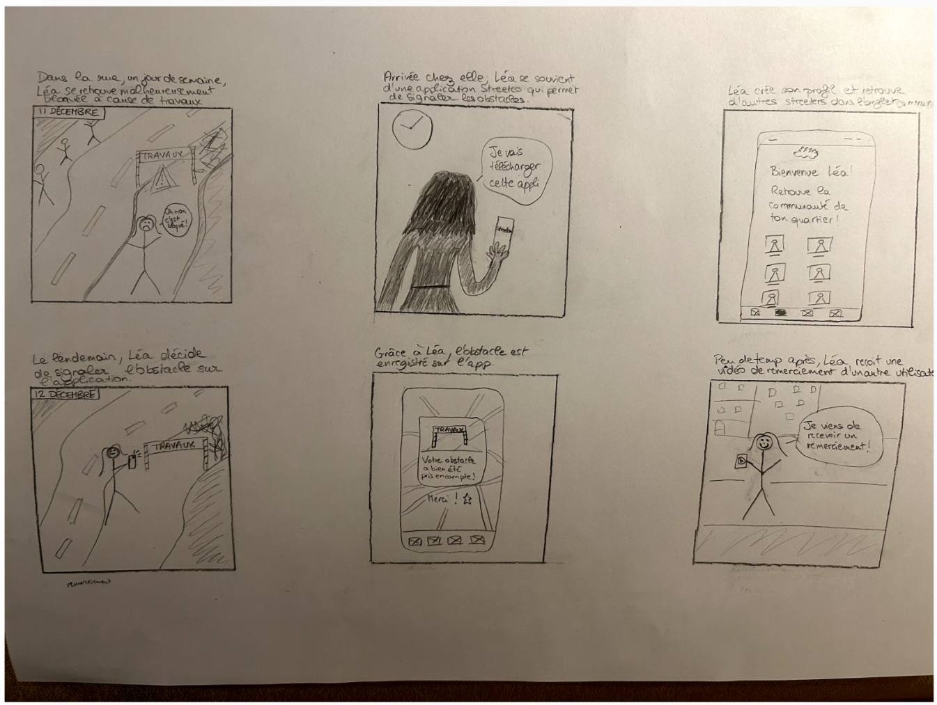 Le storyboard : Léa, bloquée par des travaux, signale l'obstacle puis reçoit un remerciement