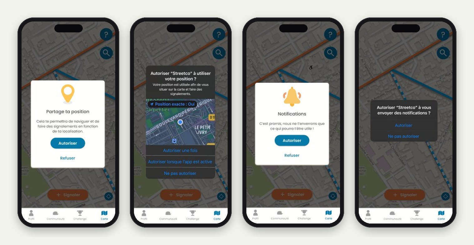 Les autorisations en contexte : un écran explique à quoi servent la position et les notifications avant la demande du système