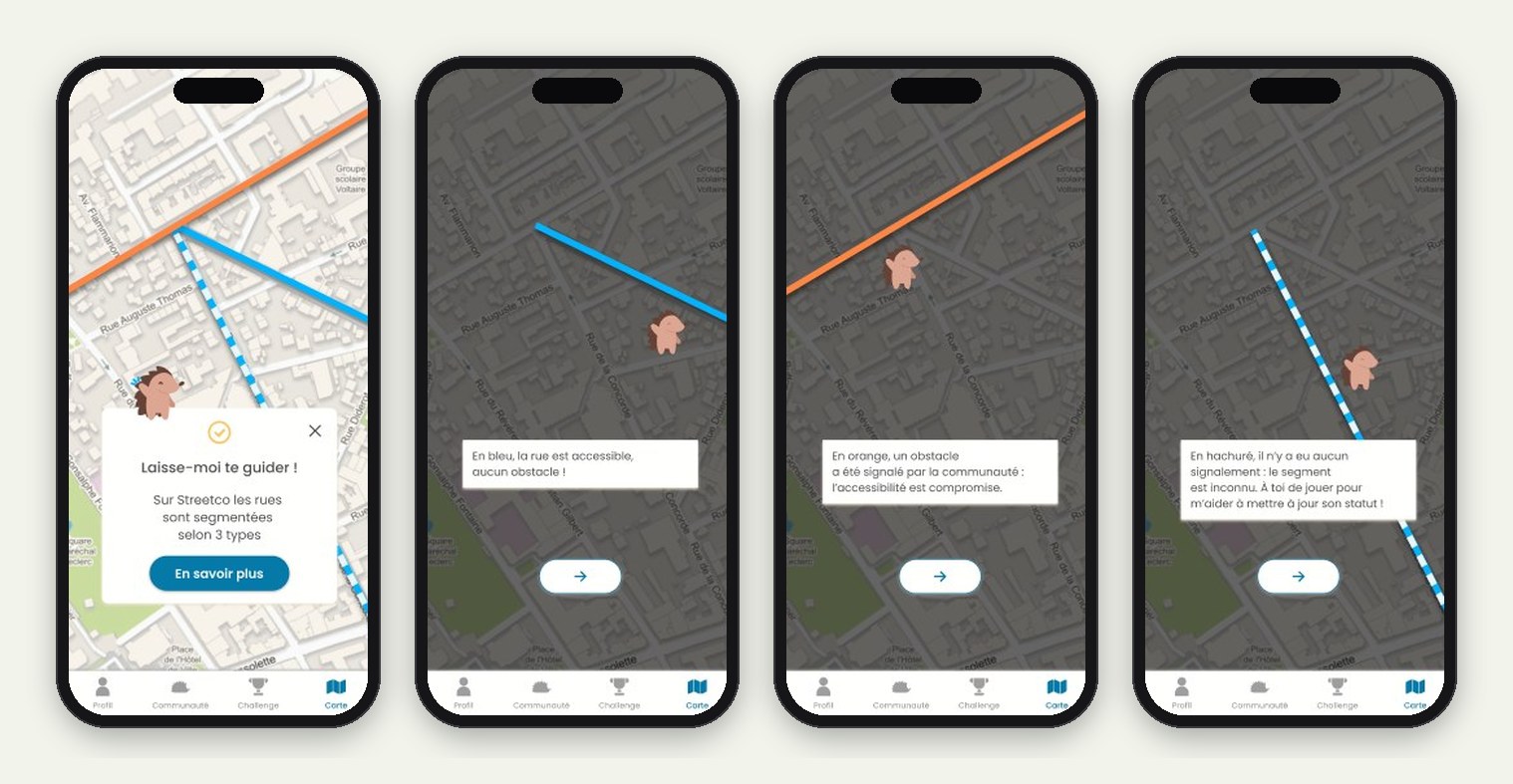 Le tutoriel sur la carte réelle : les trois états d'un segment de rue, accessible en bleu, obstacle signalé en orange, inconnu en hachuré