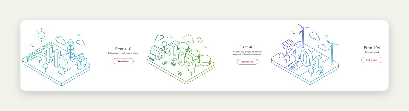 Pages d'erreur 410, 403 et 404 illustrées par les énergies du groupe